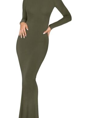 REORIA Ribbed Maxi Dress Green Long Sleeve Bodycon (Skims Inspired)